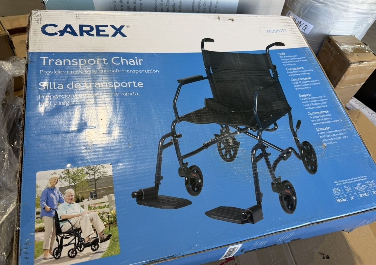 Carex Steel Transport Chair with 19" Seat, Swing-Away Footrests, Blue, 300 lb Weight Capacity