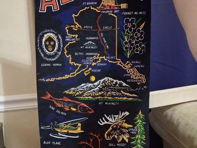 Vintage 1981 Alaska Souvenir Fabric Wall Hanging Tapestry with Mount McKinley & Wildlife
