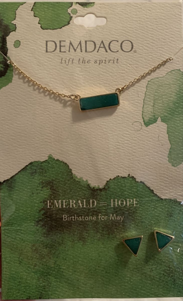 DEMDACO May Birthstone Emerald Gold Tone Necklace and Earrings Set NWT