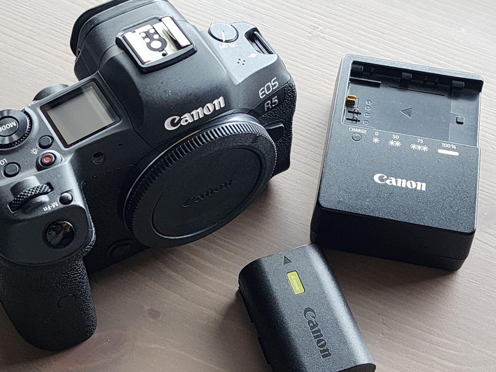 Canon R5 + Charger + Battery (LP-E6NH) + Neck Strap (Unused)