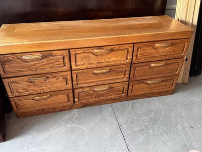 Solid Oak Wood Dresser - 9 Drawer Storage Chest with Brass Pulls