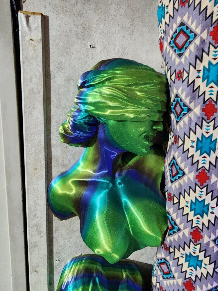 3D Printed Blindfolded Woman Bust Sculpture - Iridescent Green and Blue