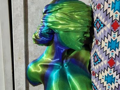3D Printed Blindfolded Woman Bust Sculpture - Iridescent Green and Blue