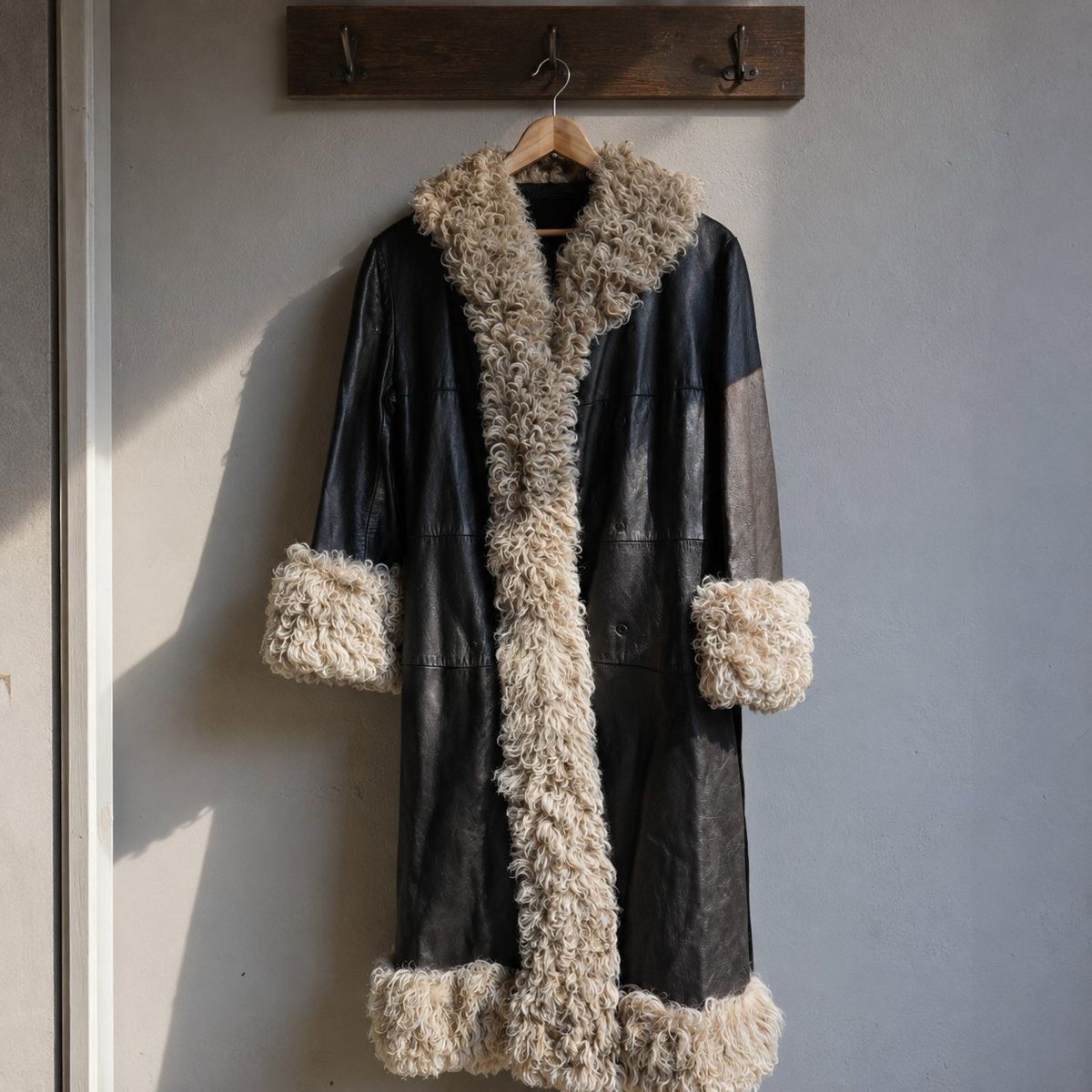 Vintage Leather Coat with Curly Shearling Fur Trim Women's Medium