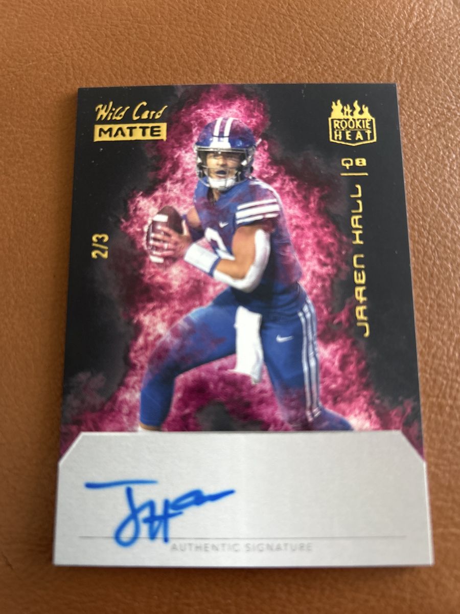 BYU Rookie Jaren Hall 2023 Wild Card Matte Rookie Heat QB Authentic Signature Football Card #02/03 Made Gold Stamped RC Auto COA