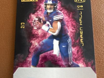 BYU Rookie Jaren Hall 2023 Wild Card Matte Rookie Heat QB Authentic Signature Football Card #02/03 Made Gold Stamped RC Auto COA