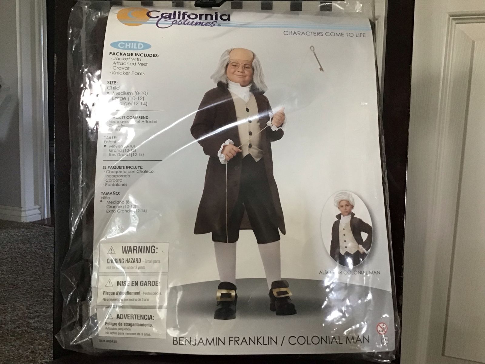 California Costumes Child Benjamin Franklin Colonial Man Costume Size M (8-10) Complete Set