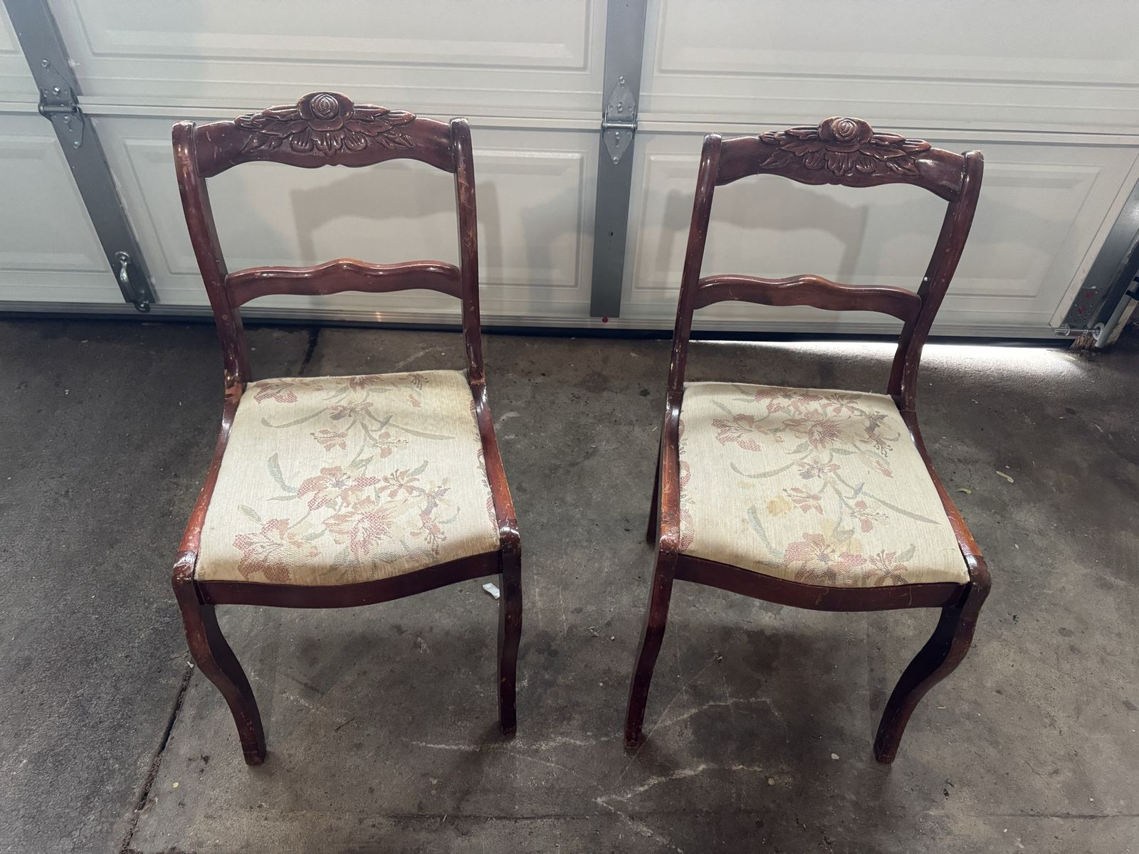 Early 20th century Vintage Wooden Dining Chairs - Set of 2 - Floral Upholstery - 33" Tall, 17" Seat Width carved wood