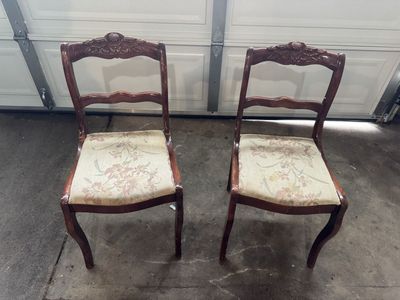 Early 20th century Vintage Wooden Dining Chairs - Set of 2 - Floral Upholstery - 33" Tall, 17" Seat Width carved wood