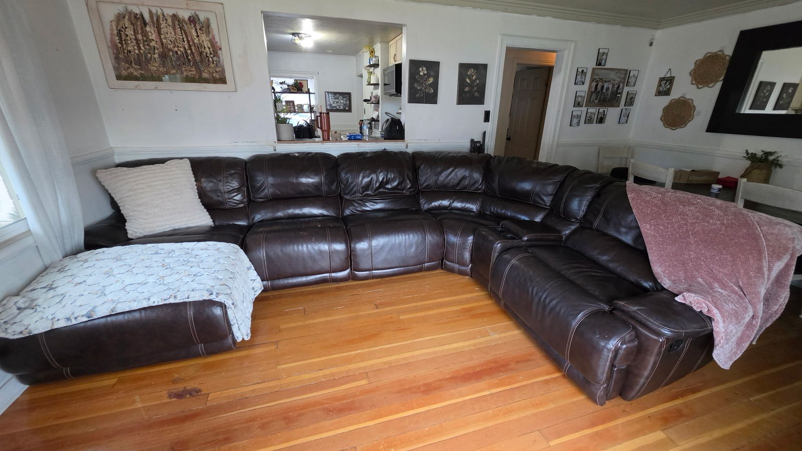 Leather Sectional Sofa with 6 Seats, 2 Recliners, and Console with Cupholders - Brown