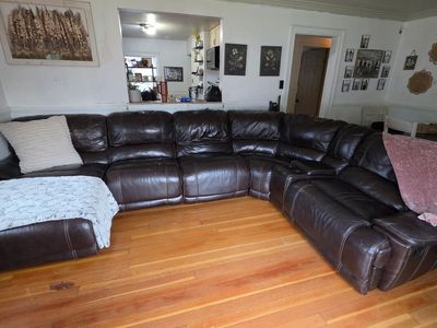 Leather Sectional Sofa with 6 Seats, 2 Recliners, and Console with Cupholders - Brown