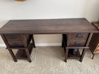 Dark Wood Writing Desk with 2 Drawers & Shelves - Home Office Study Table 59”x19.5”