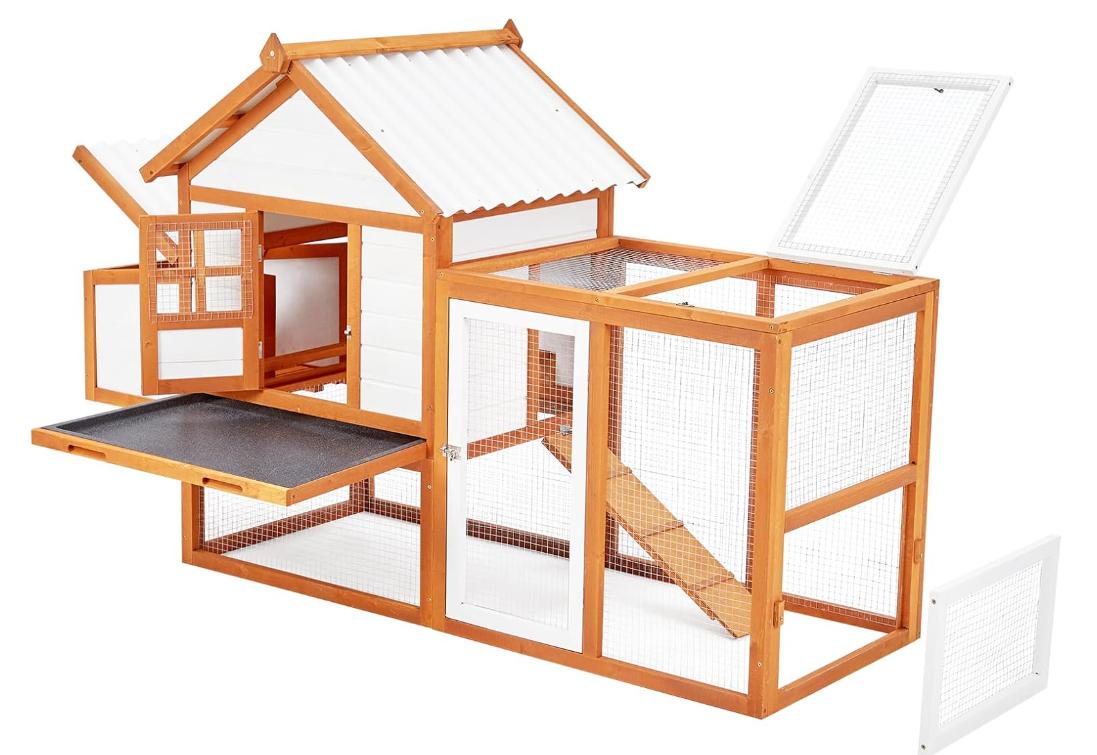 PioneerWorks Outdoor Chicken Coop Wooden Hen House with Run, Poultry Cage w/Ramps, Nesting Box, 5 Access Areas, Wire Fence
