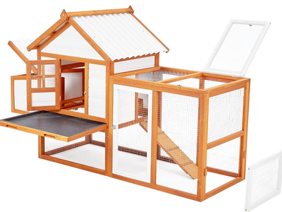 PioneerWorks Outdoor Chicken Coop Wooden Hen House with Run, Poultry Cage w/Ramps, Nesting Box, 5 Access Areas, Wire Fence