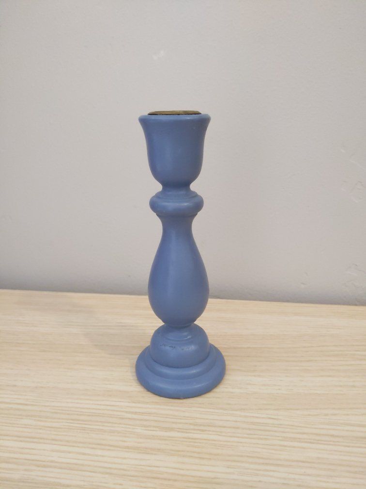 Vintage 1970s to 1980s Cottagecore Periwinkle Blue Painted Wood Candle Holder, Brass Insert, 6 & 7/8ths" Tall