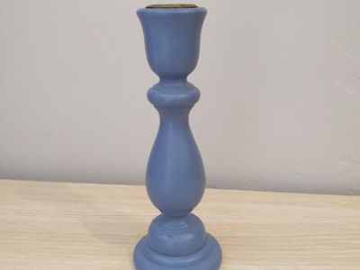 Vintage 1970s to 1980s Cottagecore Periwinkle Blue Painted Wood Candle Holder, Brass Insert, 6 & 7/8ths" Tall