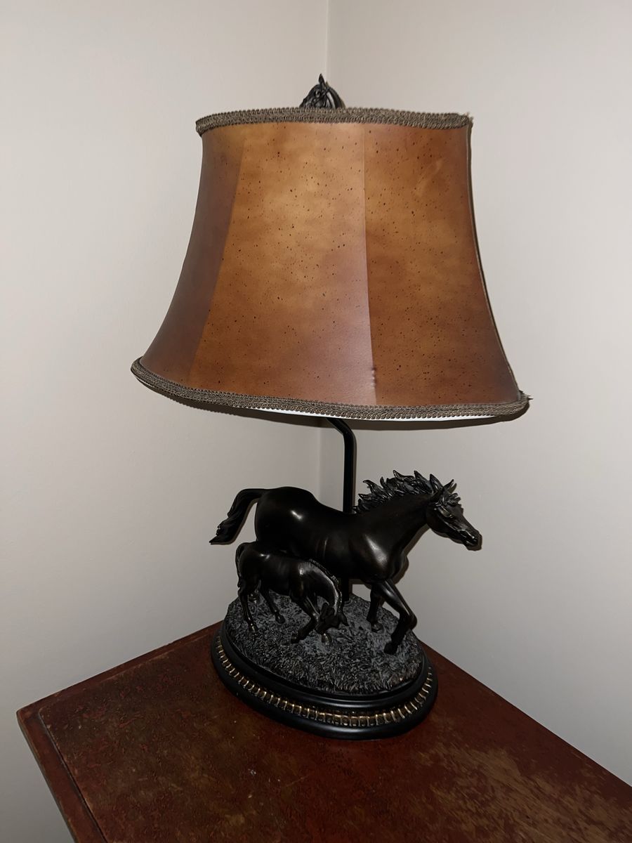 Rustic Horse and Foal Table Lamp with Distressed Faux Leather Shade - Western Decor Lighting