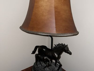 Rustic Horse and Foal Table Lamp with Distressed Faux Leather Shade - Western Decor Lighting