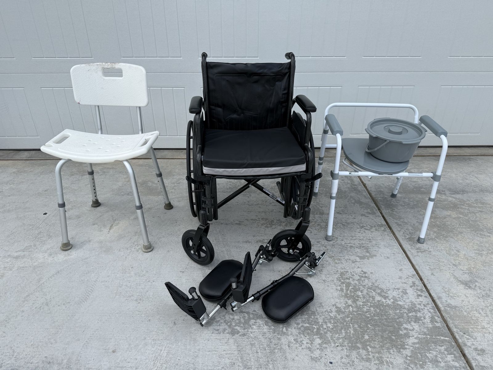 Wheelchair, shower chair, and moveable bedside toilet