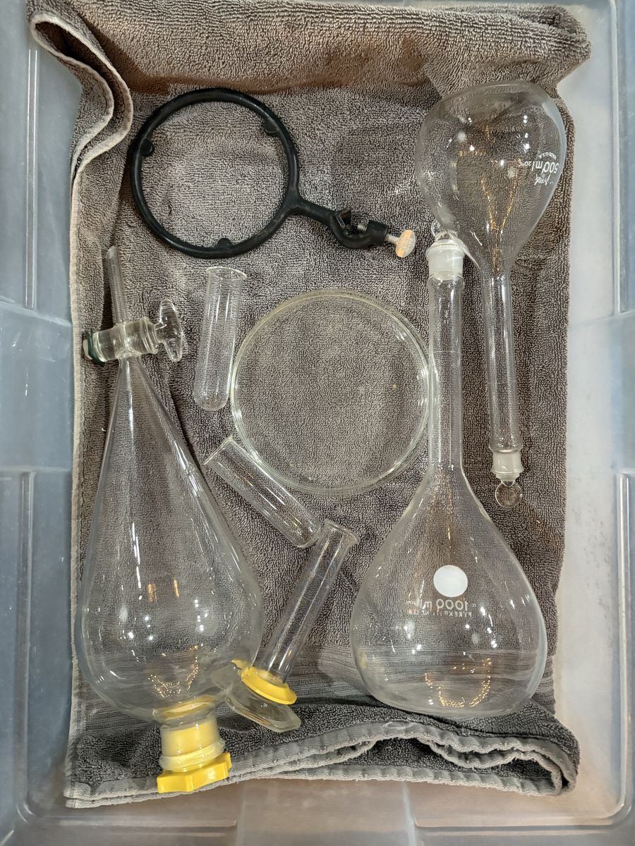 Vintage Chemistry Lab Glassware Set - Various Pieces, Funnels, Flasks, Magnifying Glass