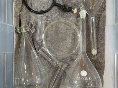 Vintage Chemistry Lab Glassware Set - Various Pieces, Funnels, Flasks, Magnifying Glass
