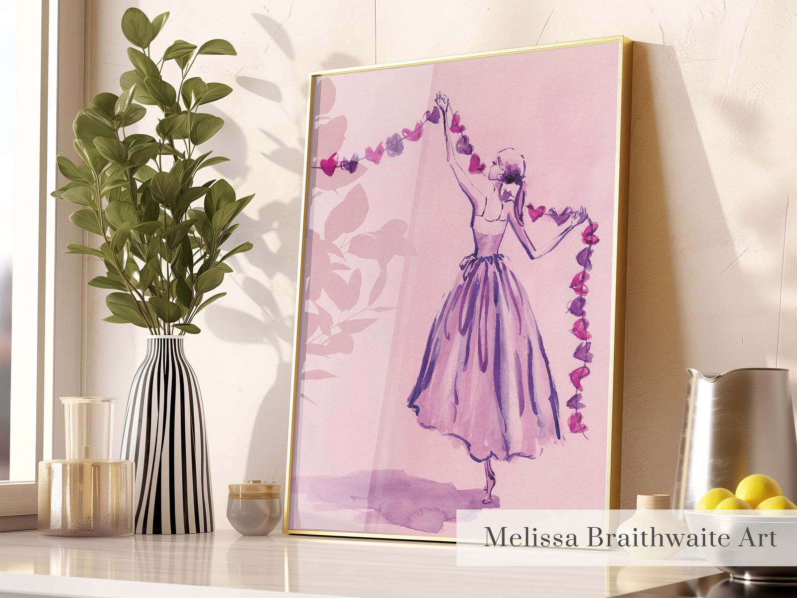 Woman hanging Valentine's hearts art print: Purple and pink color palette