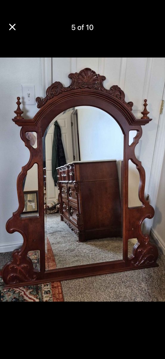 Vintage Carved Wood Arch-Top Dresser Mirror with Shell Motif