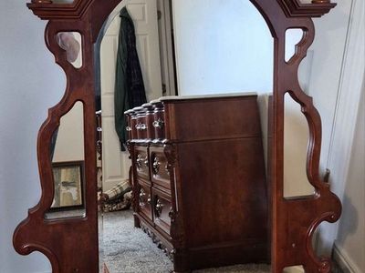 Vintage Carved Wood Arch-Top Dresser Mirror with Shell Motif