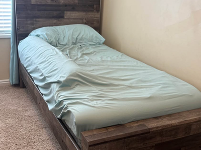 Twin bed frame, mattress, and box spring