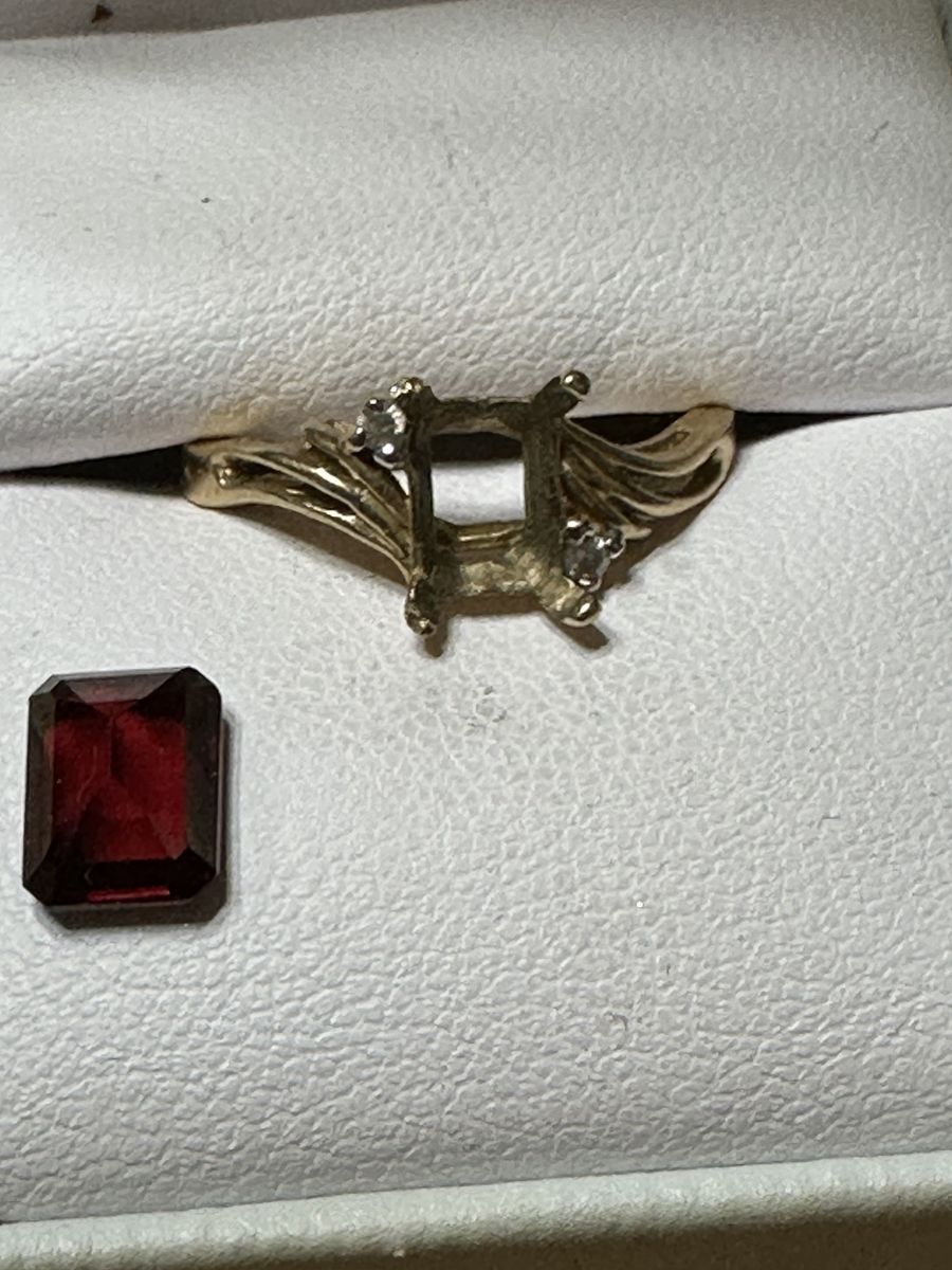 Yellow Gold Garnet & Diamond Ring - Emerald Cut Red Gemstone & Accent Diamonds
