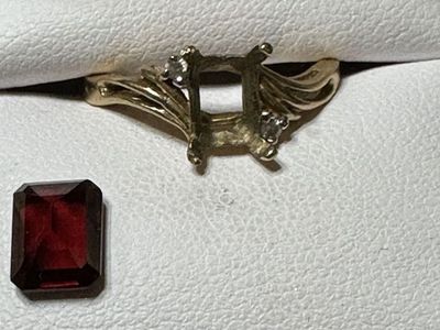 Yellow Gold Garnet & Diamond Ring - Emerald Cut Red Gemstone & Accent Diamonds