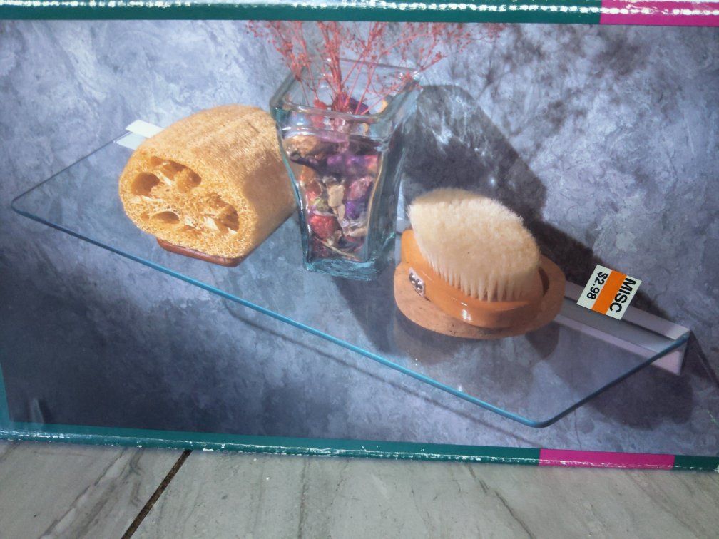 Unused 1980sVintage LifeStyles 6x18 Inch Floating Glass Shelf Kit with White Bracket