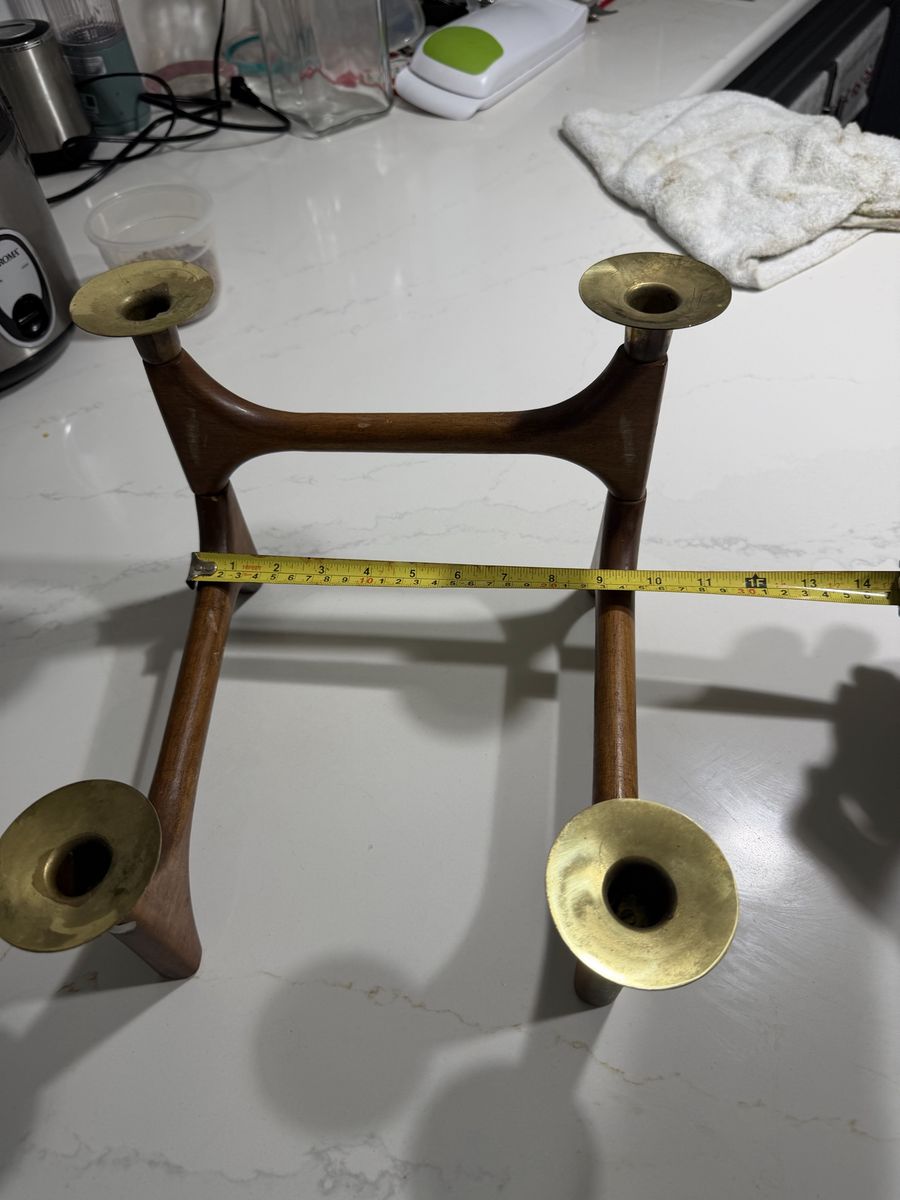 Mid-Century Modern Wood and Brass 4-Candle Holder Candelabra