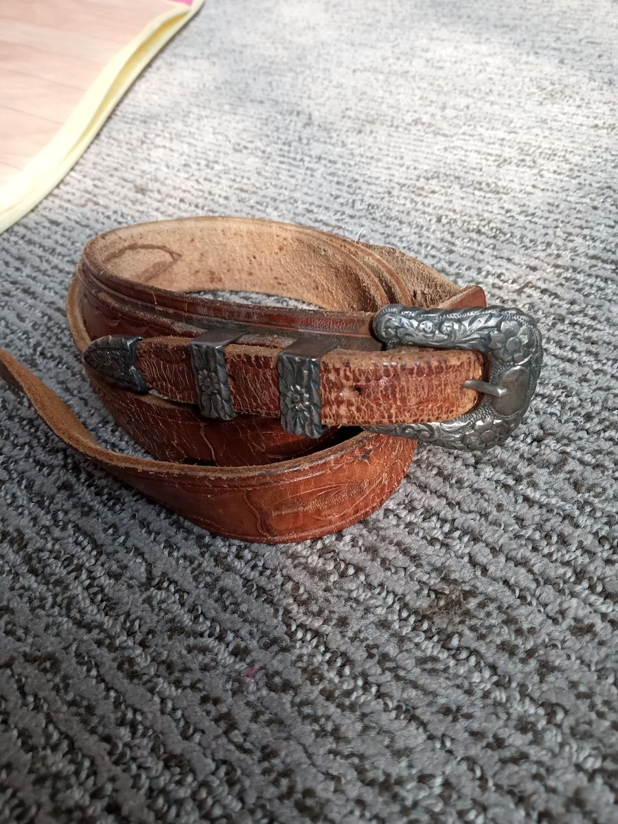 Antique Western Americana ranger belt sterling silver 4 piece belt buckle tooled leather