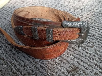 Antique Western Americana ranger belt sterling silver 4 piece belt buckle tooled leather