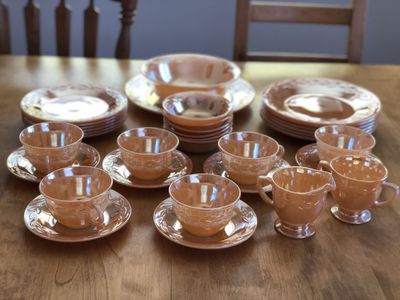 Vintage Fire King Laurel Peach Luster dish set