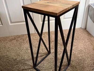 Modern Industrial Wood Top Accent Table with Black Metal Base
