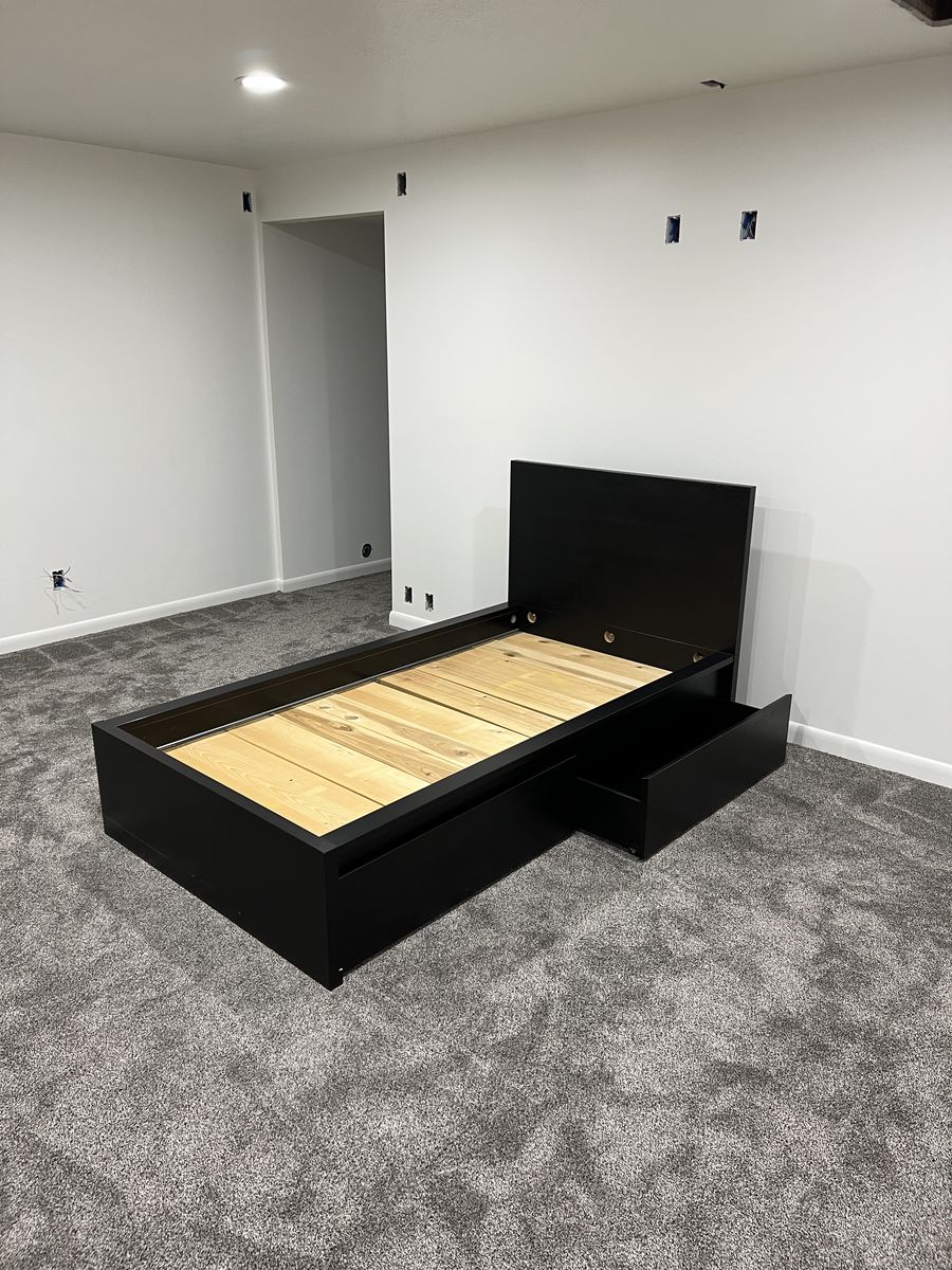 Like-New IKEA Twin Bed Frames with Storage Drawers – Black Wood