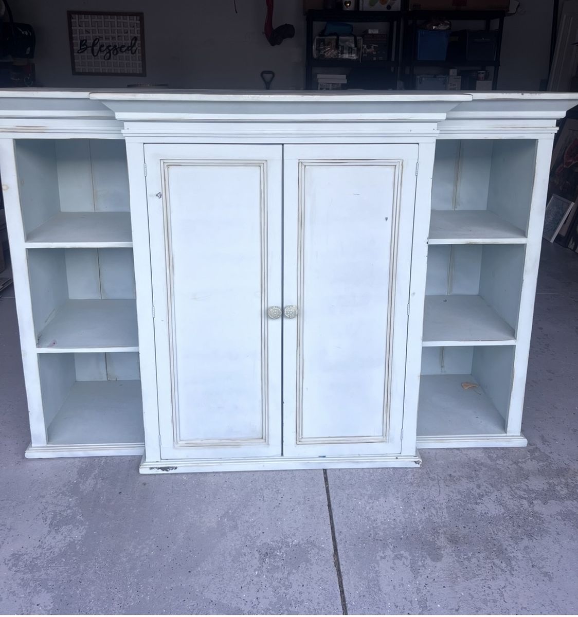Large Distressed teal Wooden Entertainment Center with Cabinets and Shelves