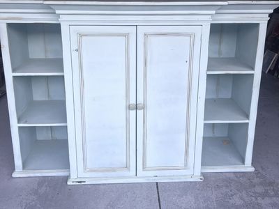 Large Distressed teal Wooden Entertainment Center with Cabinets and Shelves