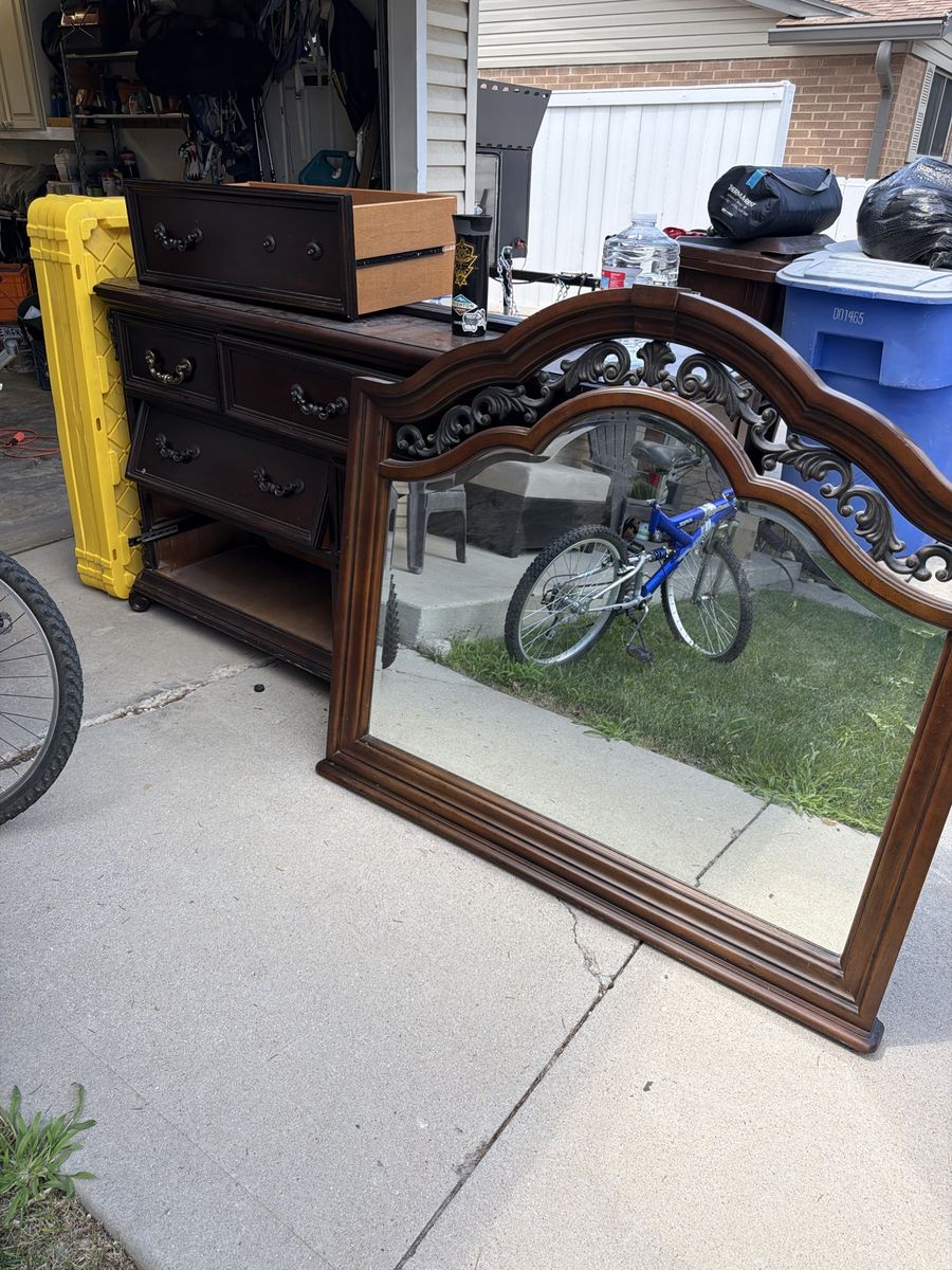Vintage Dark Wood Dresser with Matching Carved Mirror Set
