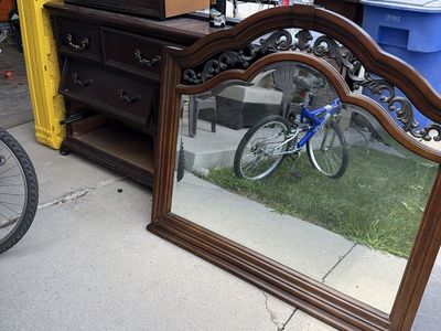 Vintage Dark Wood Dresser with Matching Carved Mirror Set