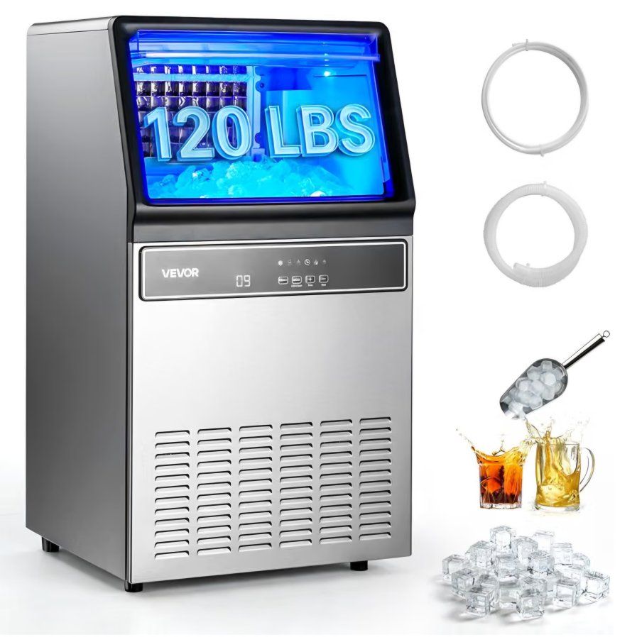 VEVOR Commercial Ice Maker Machine, 120 lbs/24H Ice Production, 19-33 lbs Storage Bin, 45 Cubes per Cycle, Stainless Steel Under