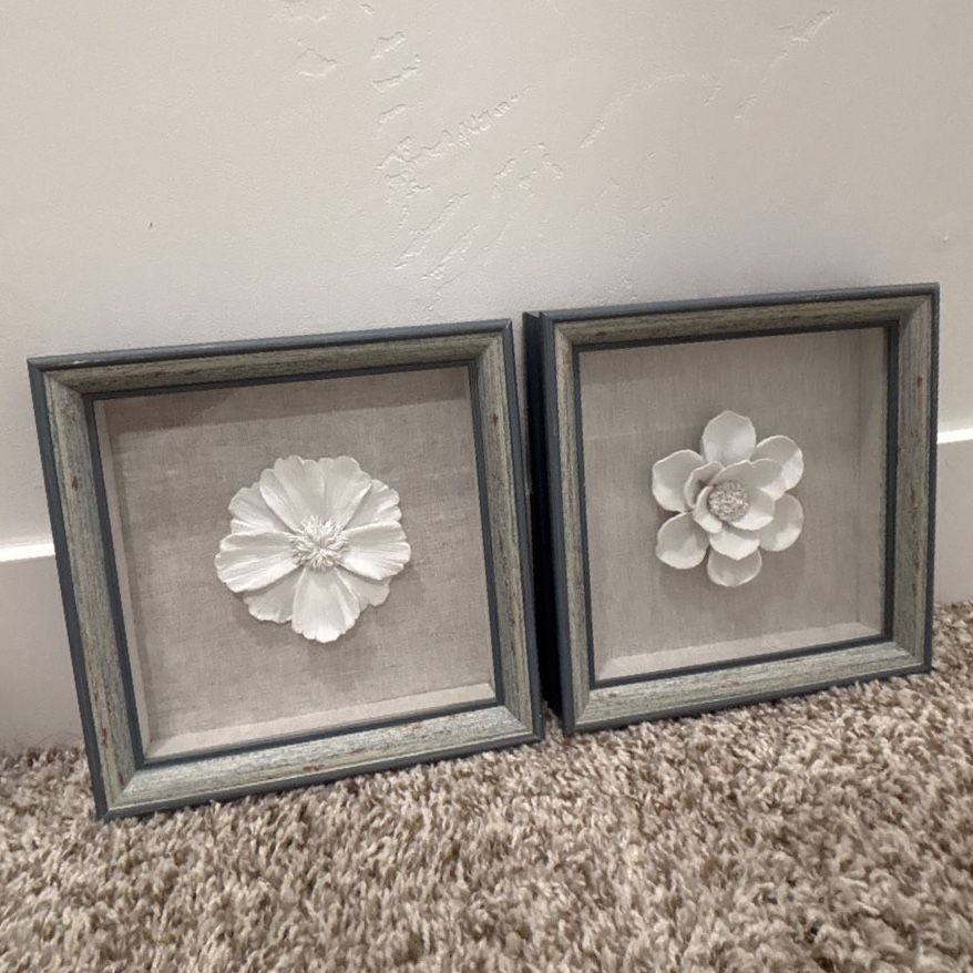 Set of 2 White 3D Flower Shadow Box Wall Art Decor with Distressed Gray/Blue Frames 8.5x8.5in