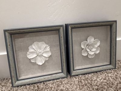 Set of 2 White 3D Flower Shadow Box Wall Art Decor with Distressed Gray/Blue Frames 8.5x8.5in