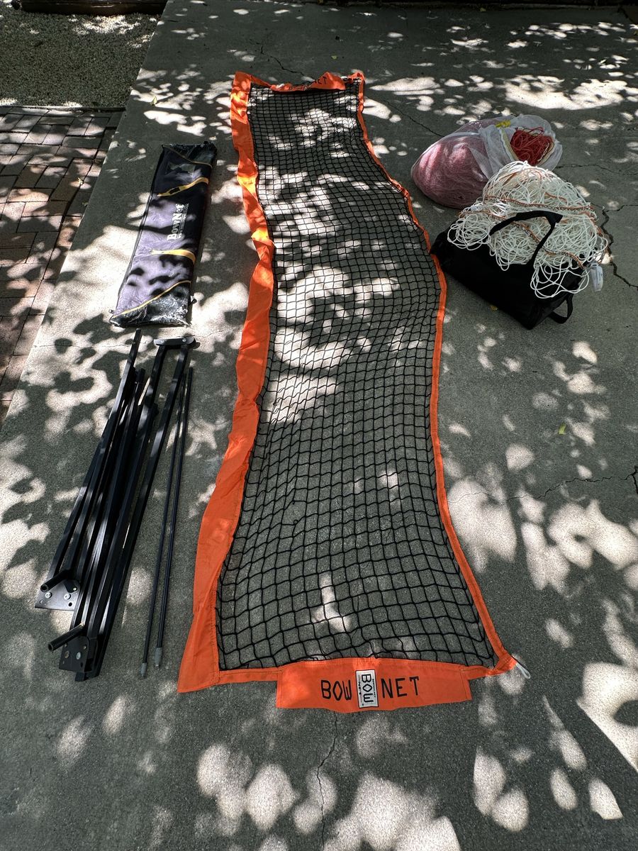 Two Full Size Professional Soccer Nets and Bow-Net Portable Soccer Tennis Net