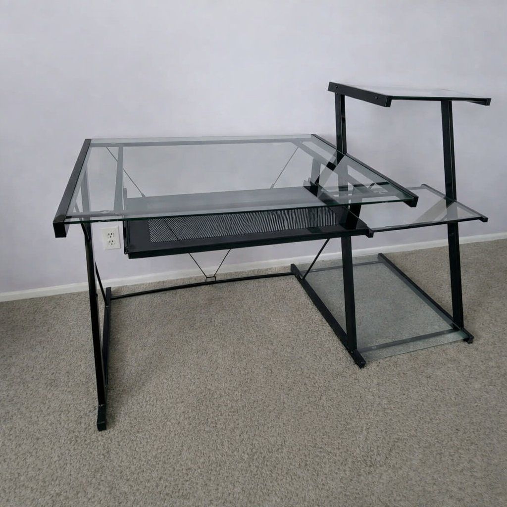 Black Glass Desk with Pull-Out Keyboard Tray and Chair