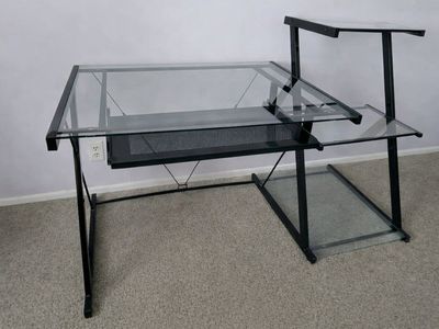 Black Glass Desk with Pull-Out Keyboard Tray and Chair