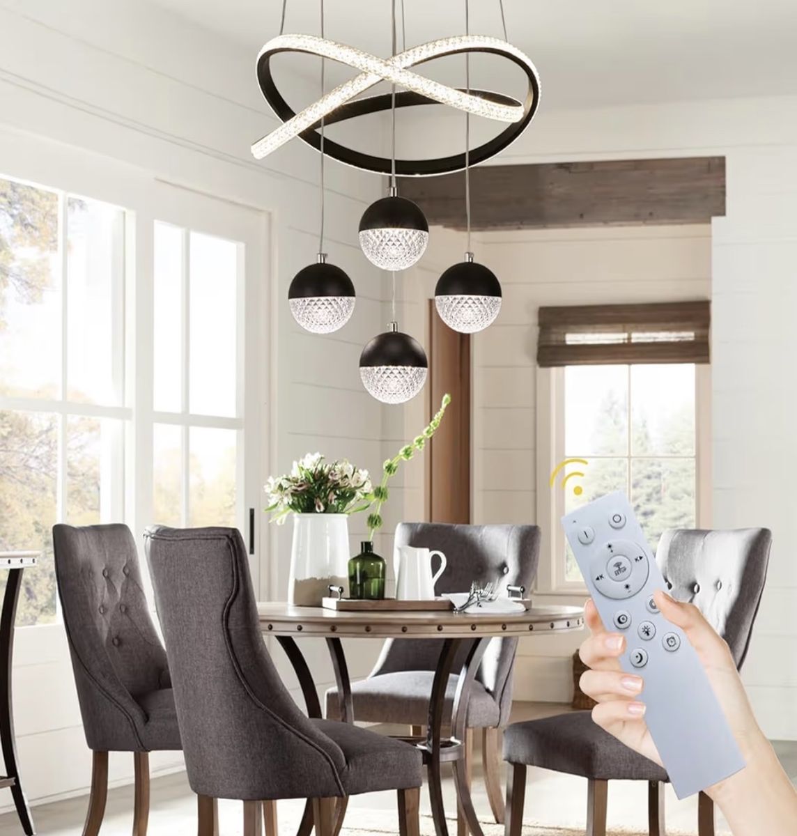Modern Black LED Chandelier Pendant Light, Dimmable with Remote, Dining Room Fixture, 40.1x40.1x100.1cm