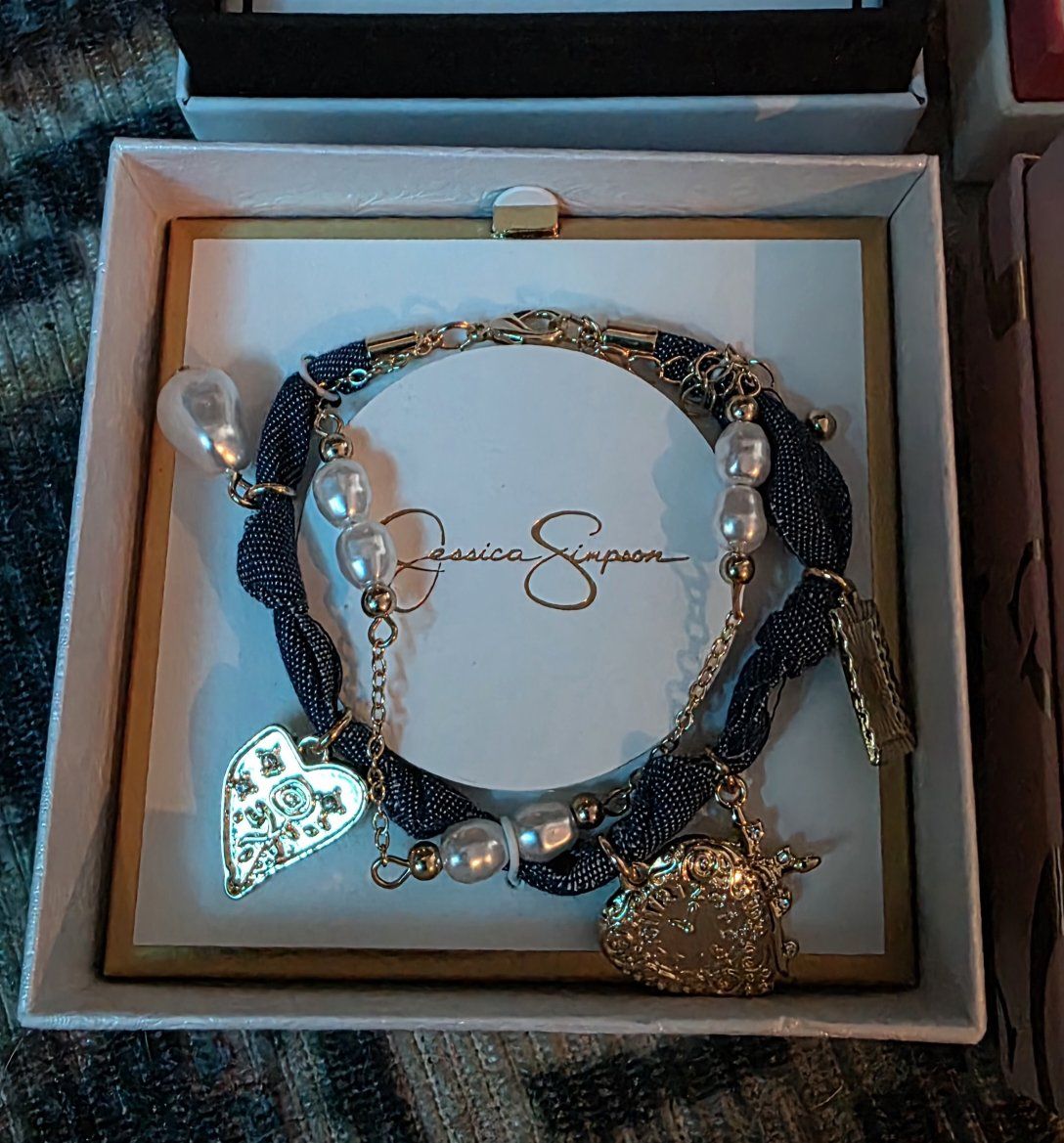 Jessica Simpson Gold-Tone Denim and Faux Pearl Charm Bracelet
